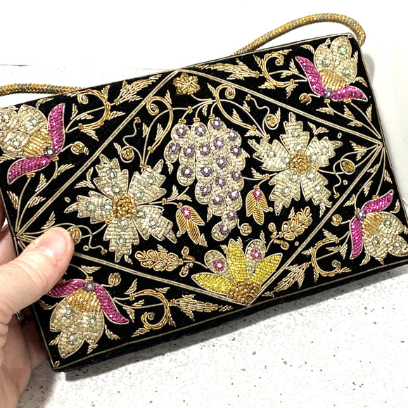 Vintage mid century black velvet evening bag top handle gold silver pink yellow - Picture 6 of 10